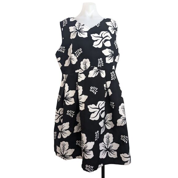 Aofuli Plus Size 5XL Floral A-Line Dress Black White Pleated V Neck Sleeveless - Picture 1 of 12